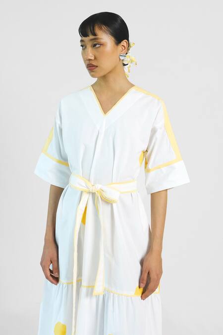 Merakus_White Cotton V-neck Polka Midi Dress With Belt _Online_at_Aza_Fashions