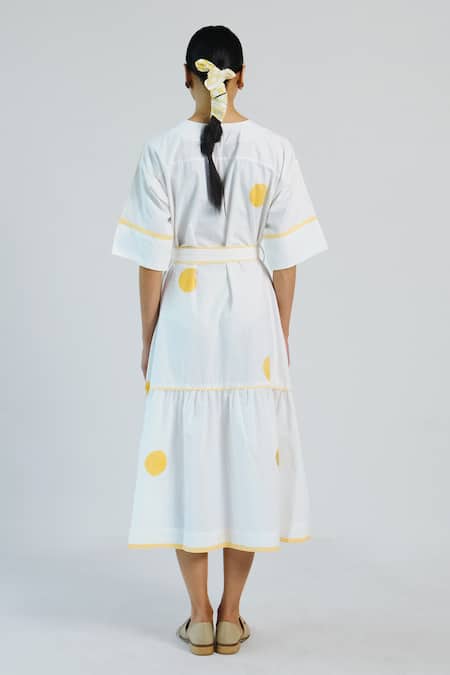 Merakus White Polka Cotton Midi Dress With Belt 