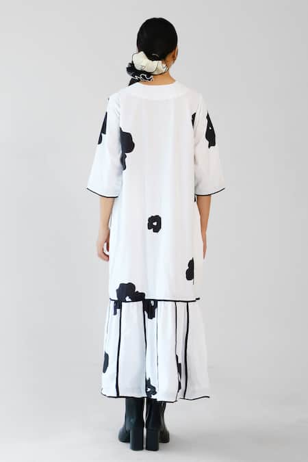 Merakus White Poppy Applique Cotton Dress 