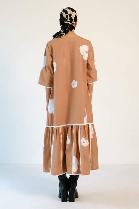 Merakus Brown Poppy Applique Midi Dress 