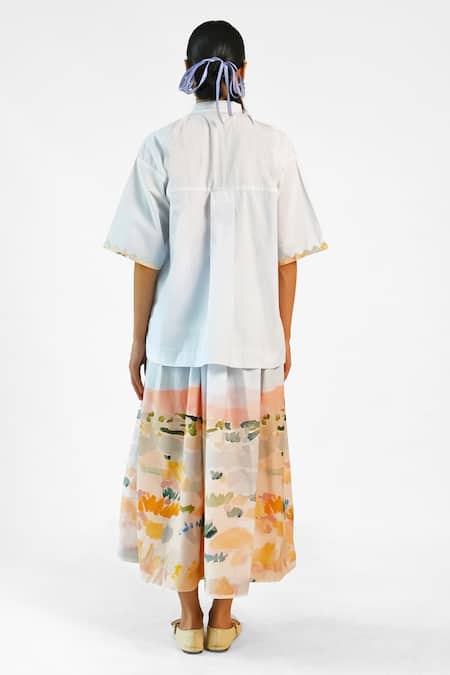 Merakus Abstract Print Applique Cotton Shirt Skirt Set 