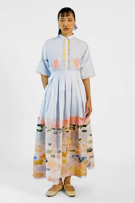 Merakus_Multi Color Cotton Applique Collared Abstract Print Shirt Skirt Set _Online_at_Aza_Fashions