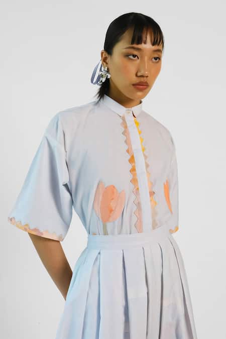 Buy_Merakus_Multi Color Cotton Applique Collared Abstract Print Shirt Skirt Set _Online_at_Aza_Fashions