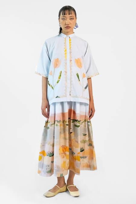 Shop_Merakus_Multi Color Cotton Applique Collared Abstract Print Shirt Skirt Set _Online_at_Aza_Fashions