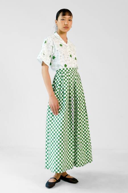 Merakus_White Cotton Collared Green Checks Printed Shirt Skirt Set _Online_at_Aza_Fashions