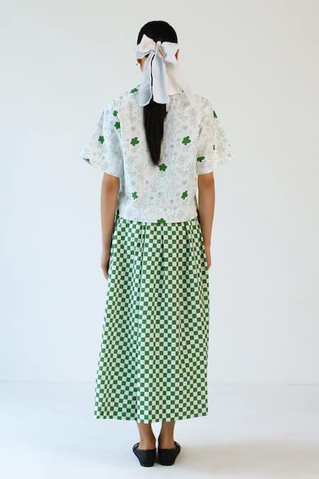 Merakus Green Checks Printed Cotton Shirt Skirt Set 