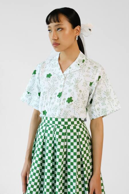 Shop_Merakus_White Cotton Collared Green Checks Printed Shirt Skirt Set _Online_at_Aza_Fashions