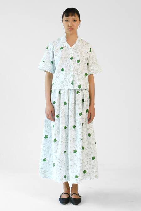 Merakus_White Cotton Collared And Green Printed Shirt Skirt Set _Online_at_Aza_Fashions