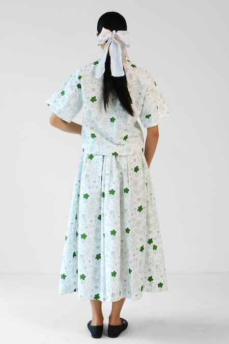 Merakus White & Green Printed Cotton Shirt Skirt Set 