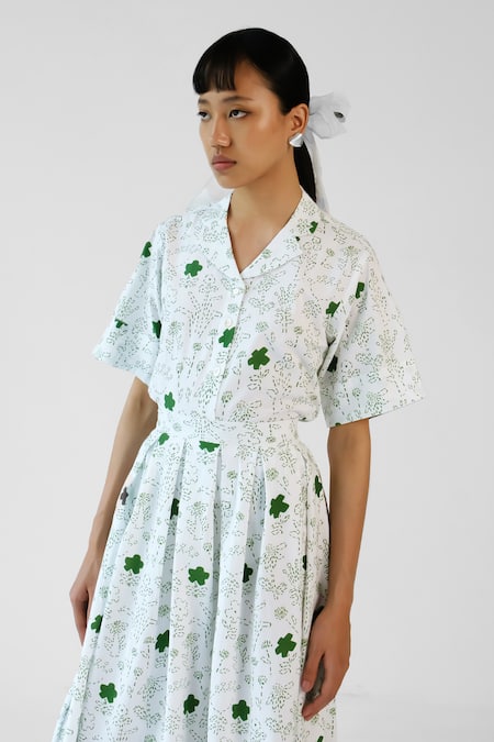 Buy_Merakus_White Cotton Collared And Green Printed Shirt Skirt Set _Online_at_Aza_Fashions