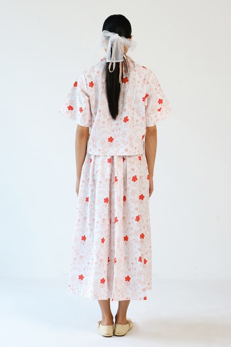 Merakus White & Red Printed Cotton Shirt Skirt Set 