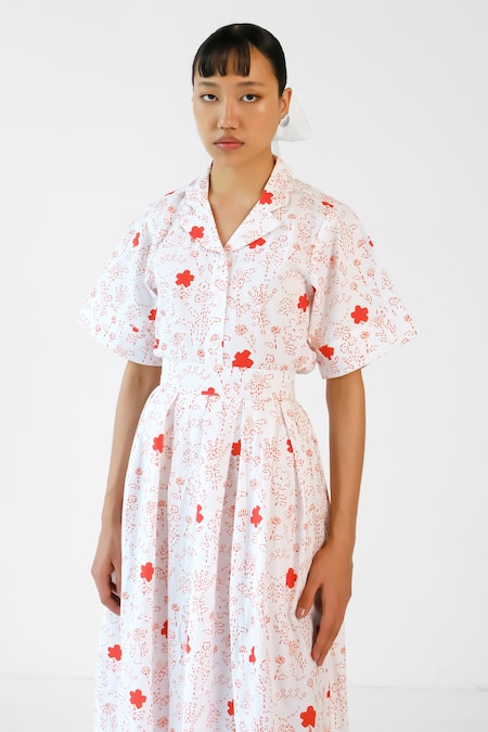 Buy_Merakus_White Cotton Collared And Red Printed Shirt Skirt Set _Online_at_Aza_Fashions