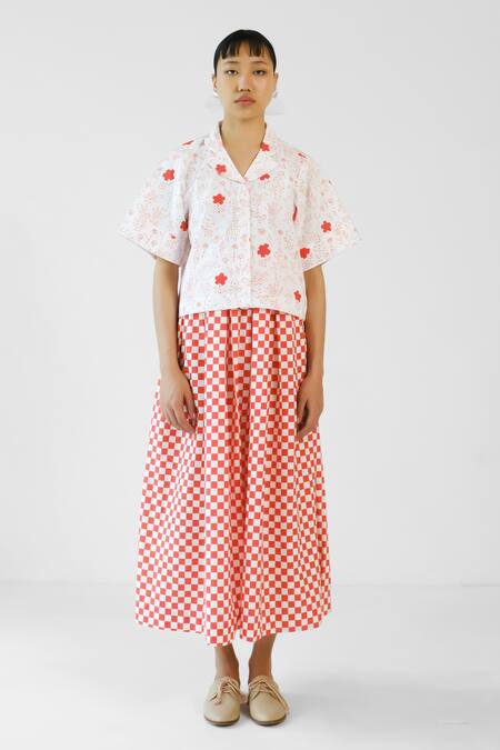 Merakus_Red Cotton Collared Checks Printed Shirt Skirt Set _Online_at_Aza_Fashions