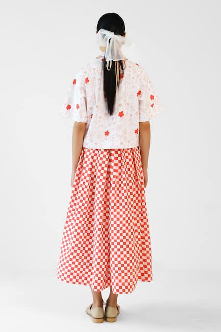 Merakus Red Checks Printed Cotton Shirt Skirt Set 