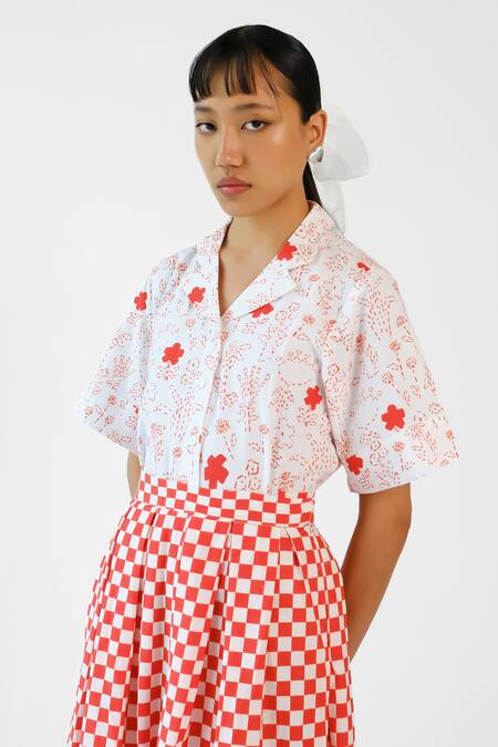 Buy_Merakus_Red Cotton Collared Checks Printed Shirt Skirt Set _Online_at_Aza_Fashions