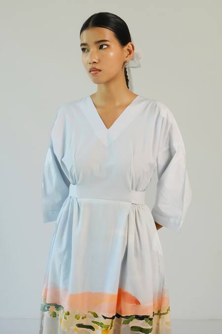 Buy_Merakus_Multi Color Cotton V-neck Abstract Print Midi Dress _Online_at_Aza_Fashions