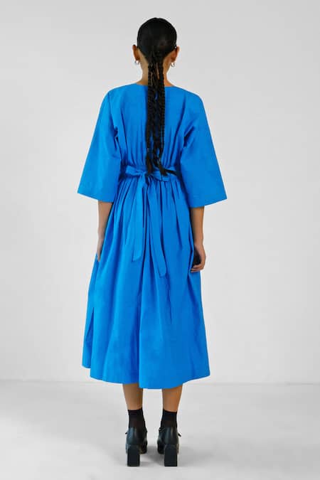 Merakus Blue Cotton Elastic Waist Belt Dress 