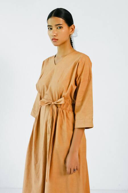 Merakus Brown Cotton V-neck Midi Dress Online at Aza Fashions Merakus_Brown Cotton V-neck Midi Dress _Online_at_Aza_Fashions
