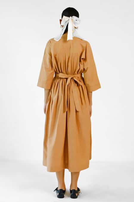 Merakus Brown Cotton Midi Dress 
