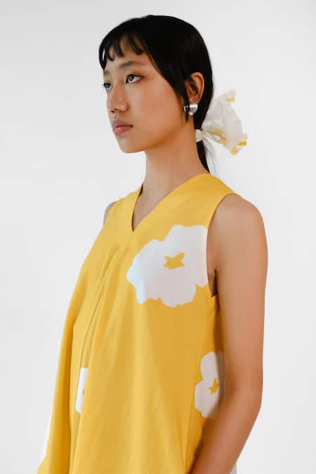 Merakus_Yellow Cotton V-neck Poppy V Dress _Online_at_Aza_Fashions