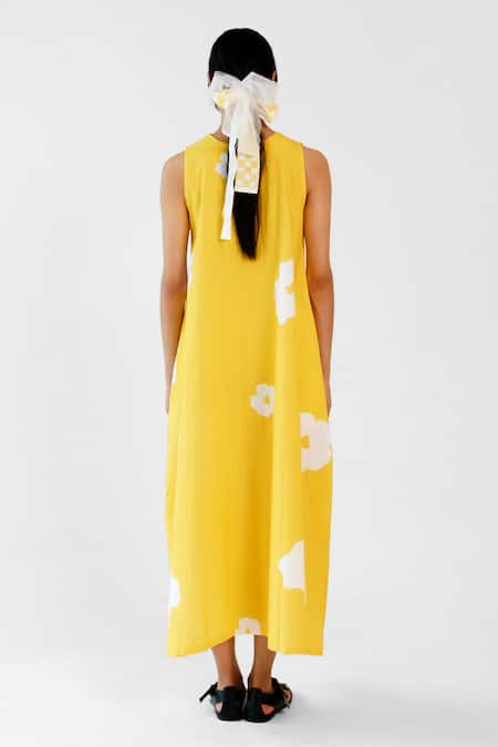 Merakus Yellow Poppy V Neck Cotton Dress 