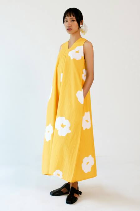 Buy_Merakus_Yellow Cotton V-neck Poppy V Dress _Online_at_Aza_Fashions