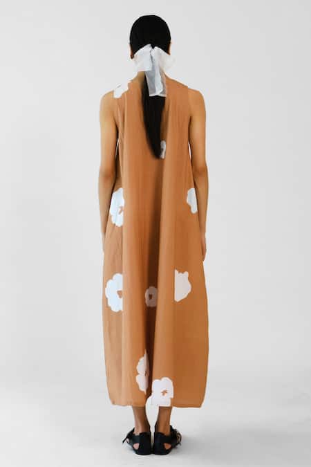 Merakus Brown Poppy Sleeveless V Neck Dress 