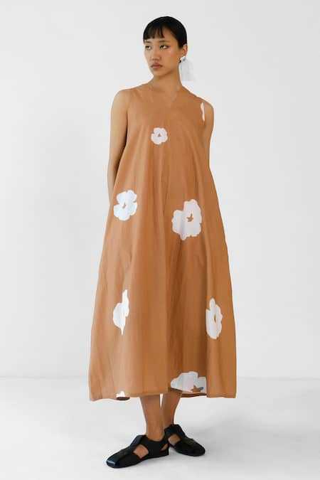 Shop_Merakus_Brown Cotton V-neck Poppy Sleeveless V Dress _Online_at_Aza_Fashions