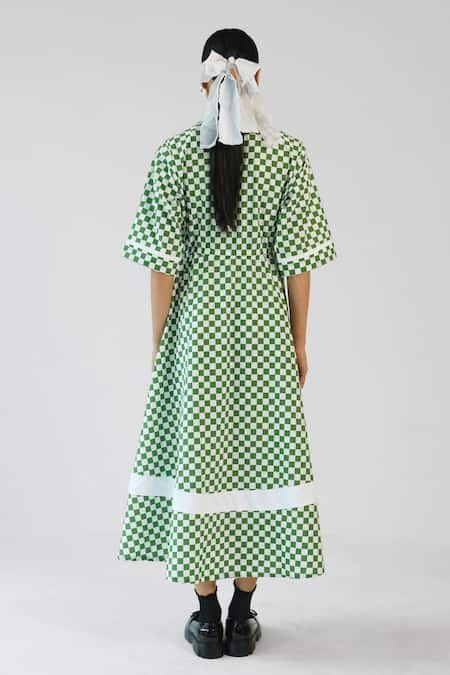 Merakus Green Checks Printed Cotton Cuban Collar Dress 