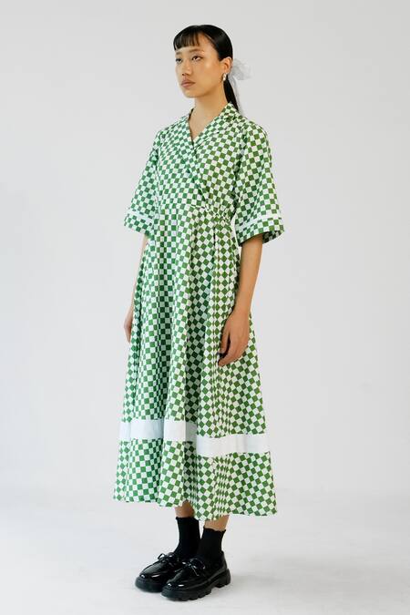 Merakus_Green Cotton Open Neck Checks Printed Cuban Collar Dress _Online_at_Aza_Fashions