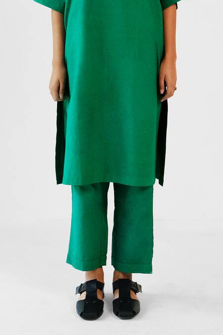 Merakus_Green Cotton Applique Round Neck Tunic Pant Set _Online_at_Aza_Fashions