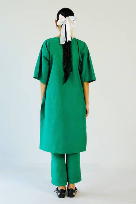 Merakus Green Applique Cotton Tunic Pant Set 