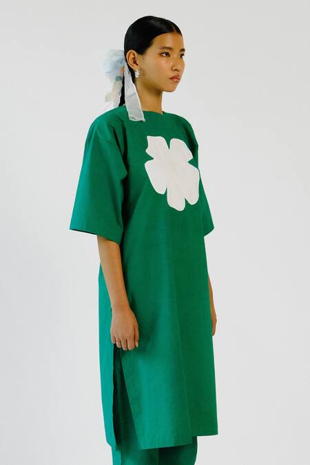 Shop_Merakus_Green Cotton Applique Round Neck Tunic Pant Set _Online_at_Aza_Fashions