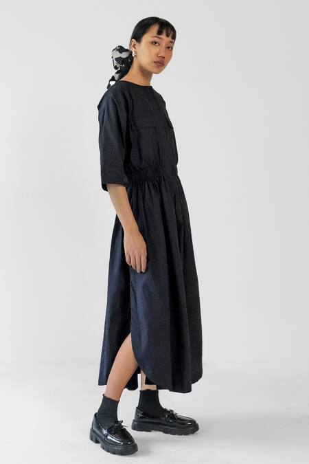 Merakus_Black Cotton Round Neck Side Slit Dress _Online_at_Aza_Fashions