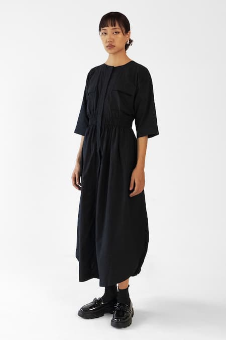 Buy_Merakus_Black Cotton Round Neck Side Slit Dress _Online_at_Aza_Fashions