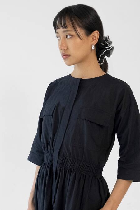 Shop_Merakus_Black Cotton Round Neck Side Slit Dress _Online_at_Aza_Fashions