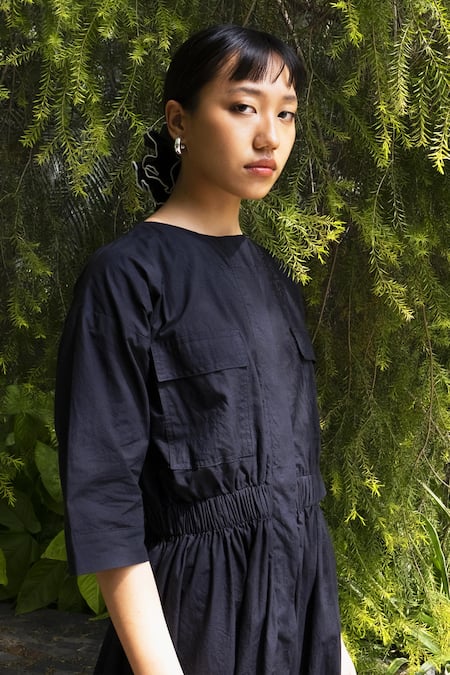 Merakus_Black Cotton Round Neck Side Slit Dress _at_Aza_Fashions