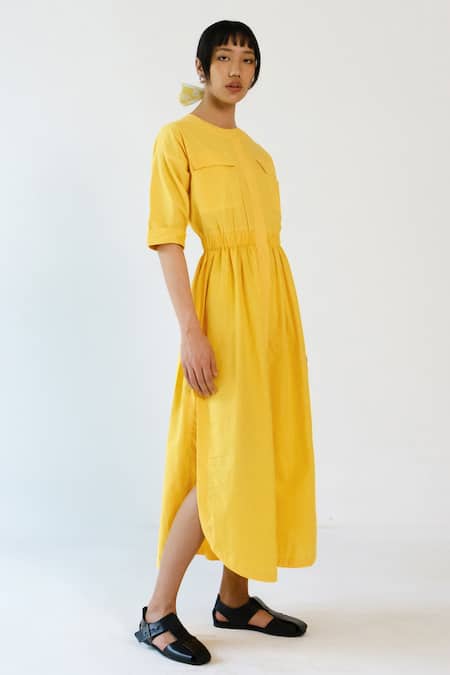 Merakus_Yellow Cotton Round Neck Elastic Waist Midi Dress _Online_at_Aza_Fashions