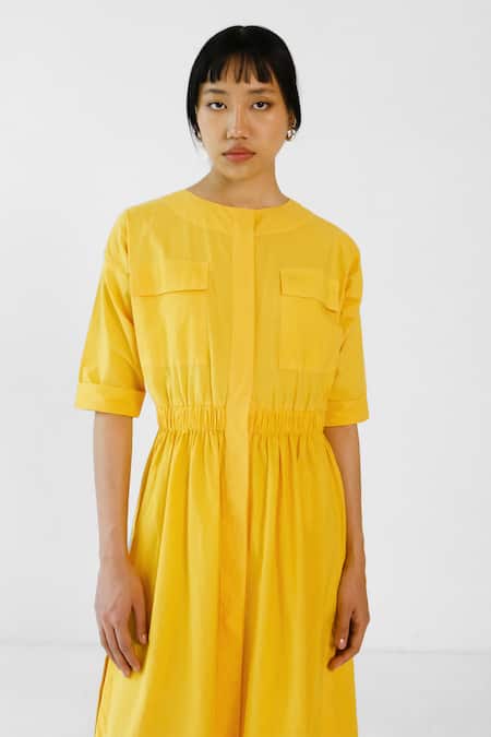 Buy_Merakus_Yellow Cotton Round Neck Elastic Waist Midi Dress _Online_at_Aza_Fashions