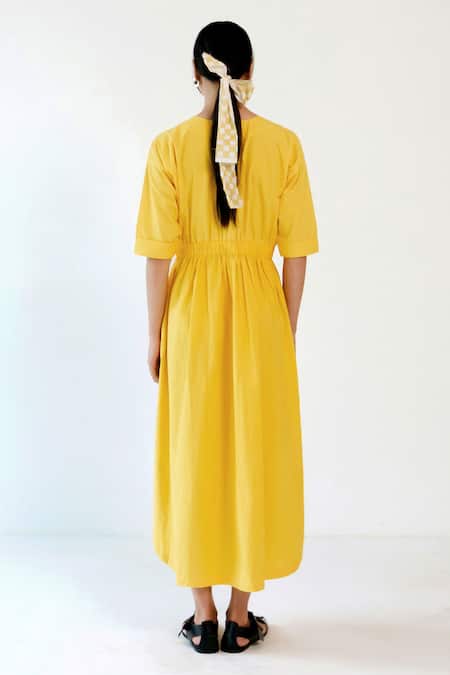 Merakus Yellow Elastic Waist Midi Dress 