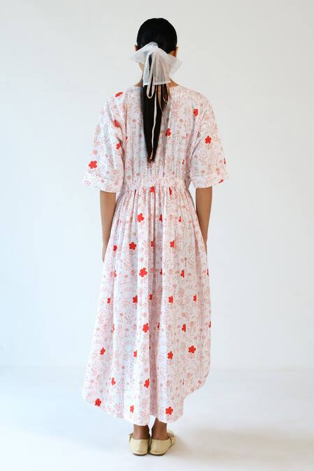 Merakus White & Red Printed Side Slit Cotton Dress 