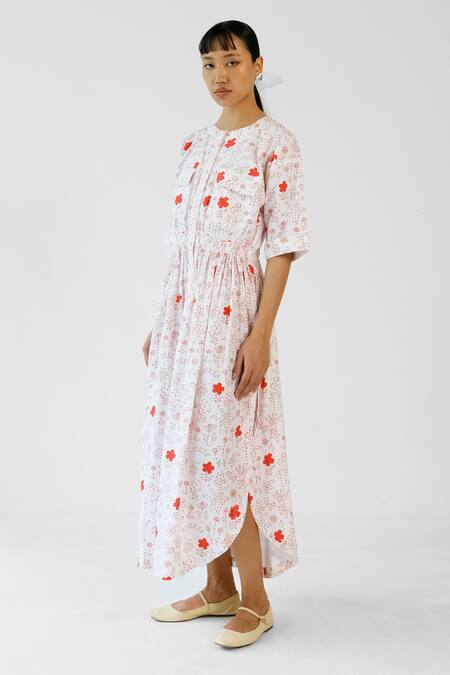 Buy_Merakus_White Cotton Round Neck And Red Printed Side Slit Dress _Online_at_Aza_Fashions