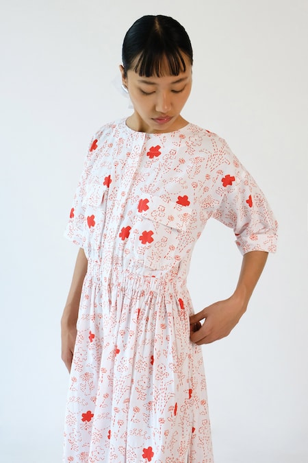 Shop_Merakus_White Cotton Round Neck And Red Printed Side Slit Dress _Online_at_Aza_Fashions