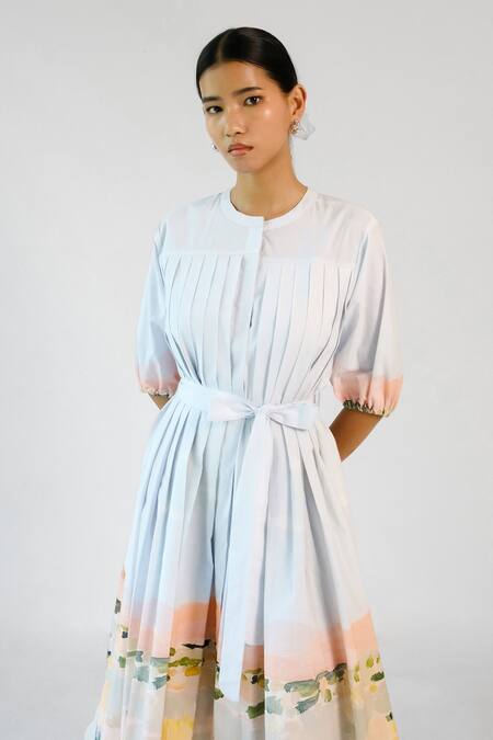 Merakus_Multi Color Cotton Round Neck Abstract Print Pleated Dress _Online_at_Aza_Fashions