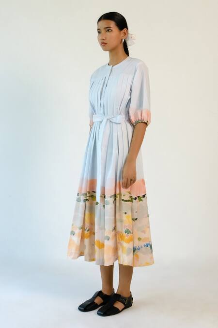 Buy_Merakus_Multi Color Cotton Round Neck Abstract Print Pleated Dress _Online_at_Aza_Fashions