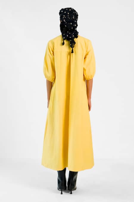 Merakus Yellow Pleated Cotton Belt Dress With Belt 