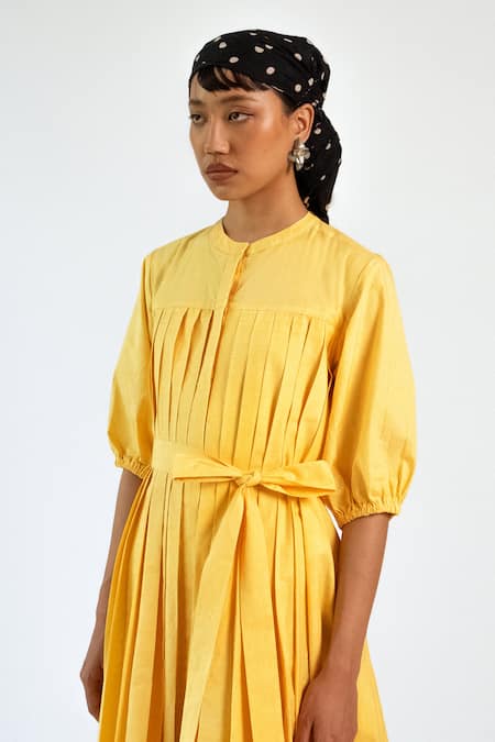Buy_Merakus_Yellow Cotton Round Neck Pleated Dress With _Online_at_Aza_Fashions