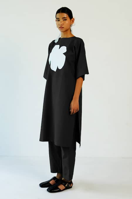 Merakus Black Applique Cotton Tunic Pant Set 