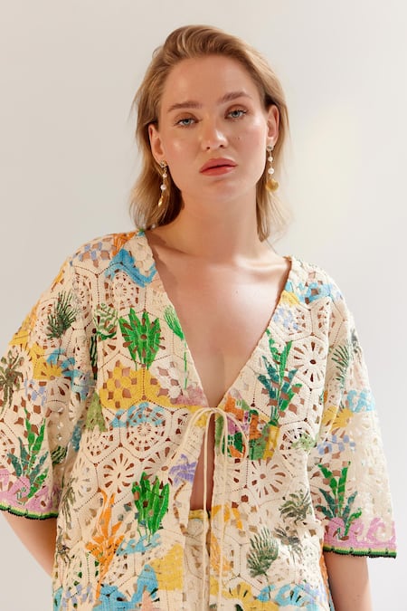 Buy NOIB Multi Color Cotton V-neck Crochet Shirt Online at Aza Fashions Buy_NOIB_Multi Color Cotton V-neck Crochet Shirt _Online_at_Aza_Fashions