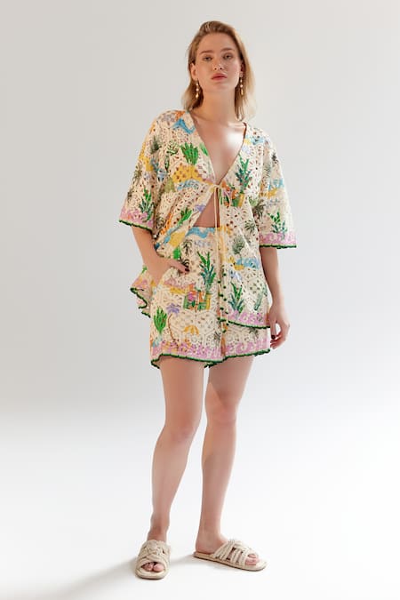 Shop NOIB Multi Color Cotton V-neck Crochet Shirt Online at Aza Fashions Shop_NOIB_Multi Color Cotton V-neck Crochet Shirt _Online_at_Aza_Fashions